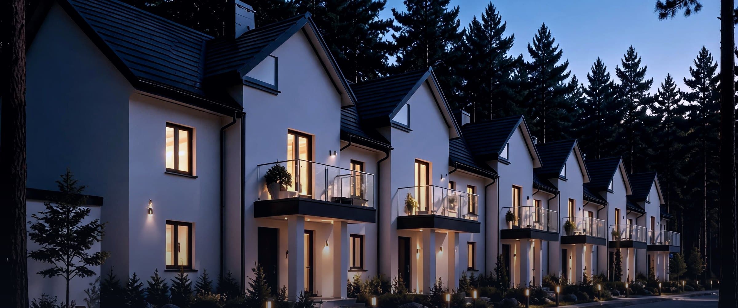 Ink-graded dusk townhome panorama.