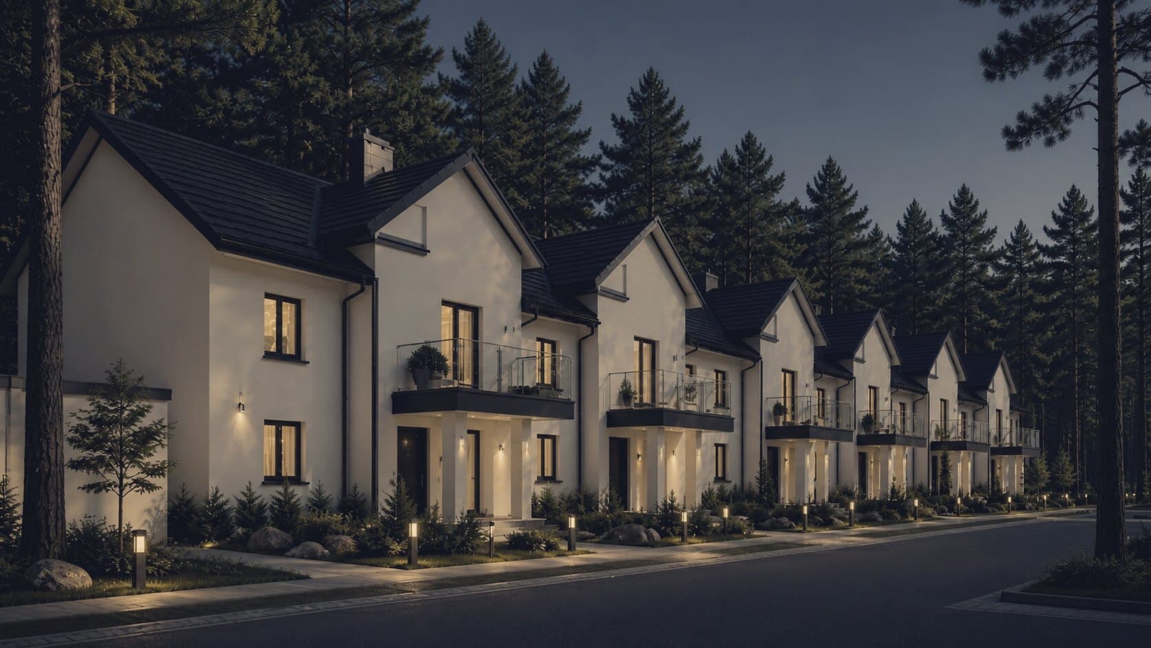 Warm-duotone townhome exteriors frame.