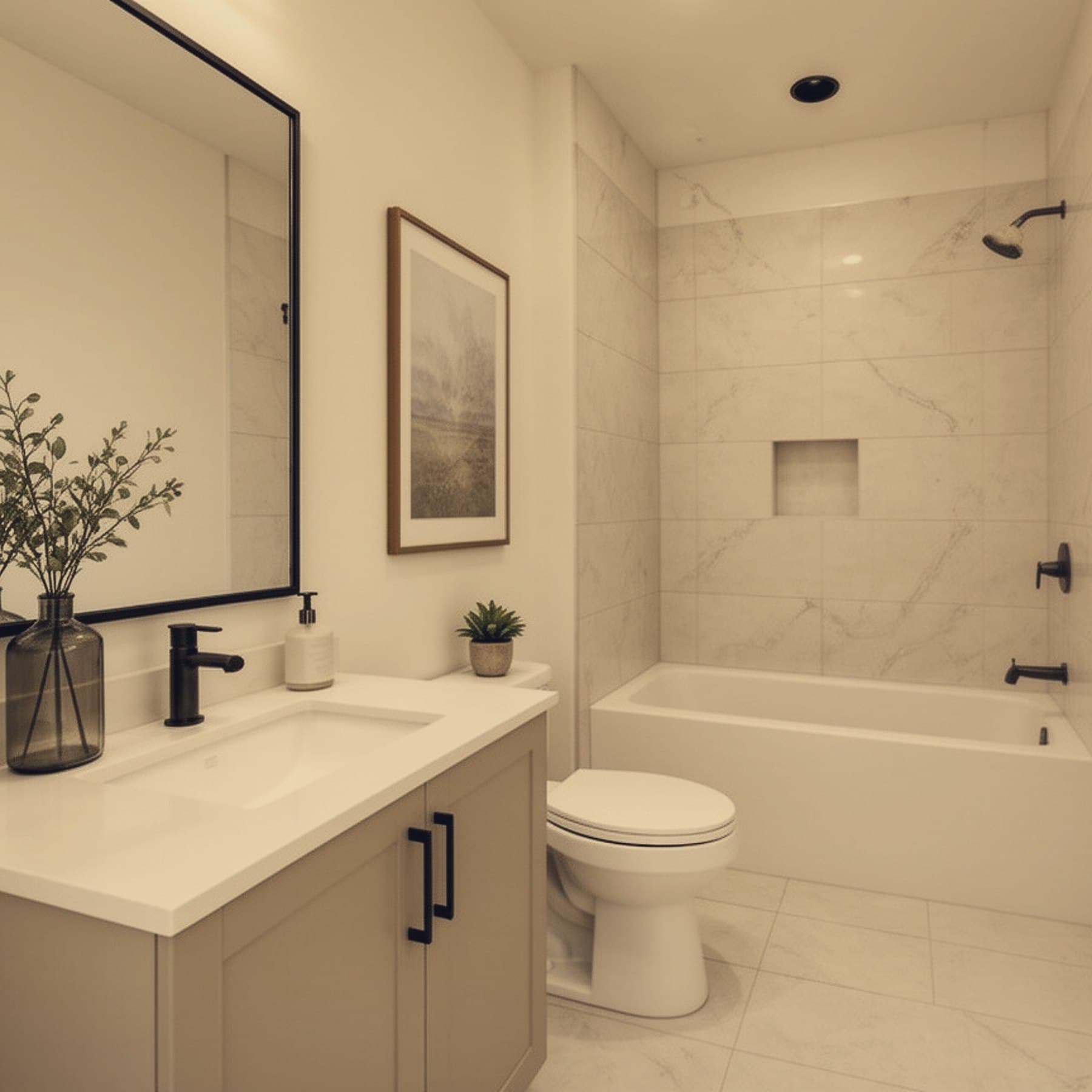 Warm-duotone editorial premium bathroom concept frame.