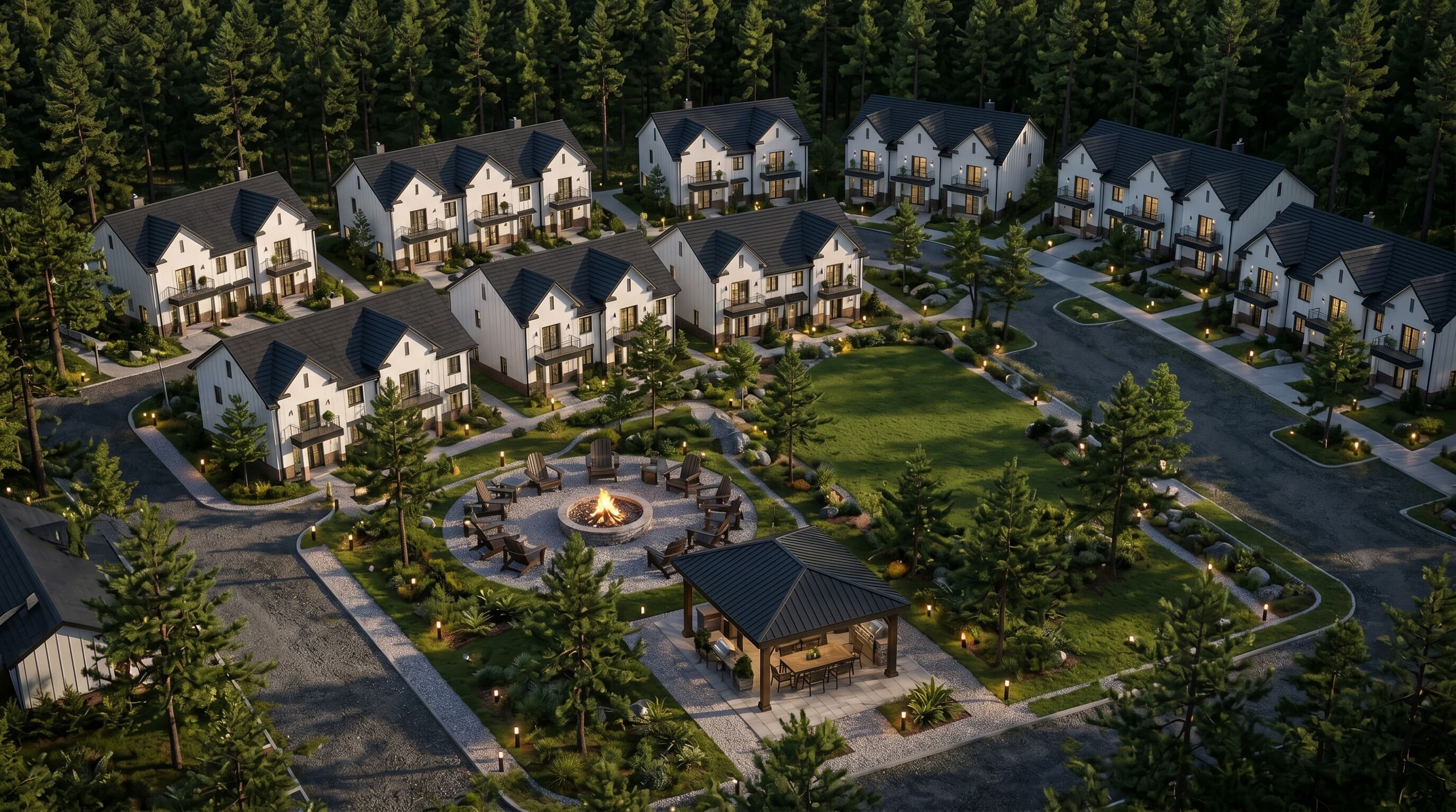 3D amenity rendering of Tillson Woods with walking paths and community green.